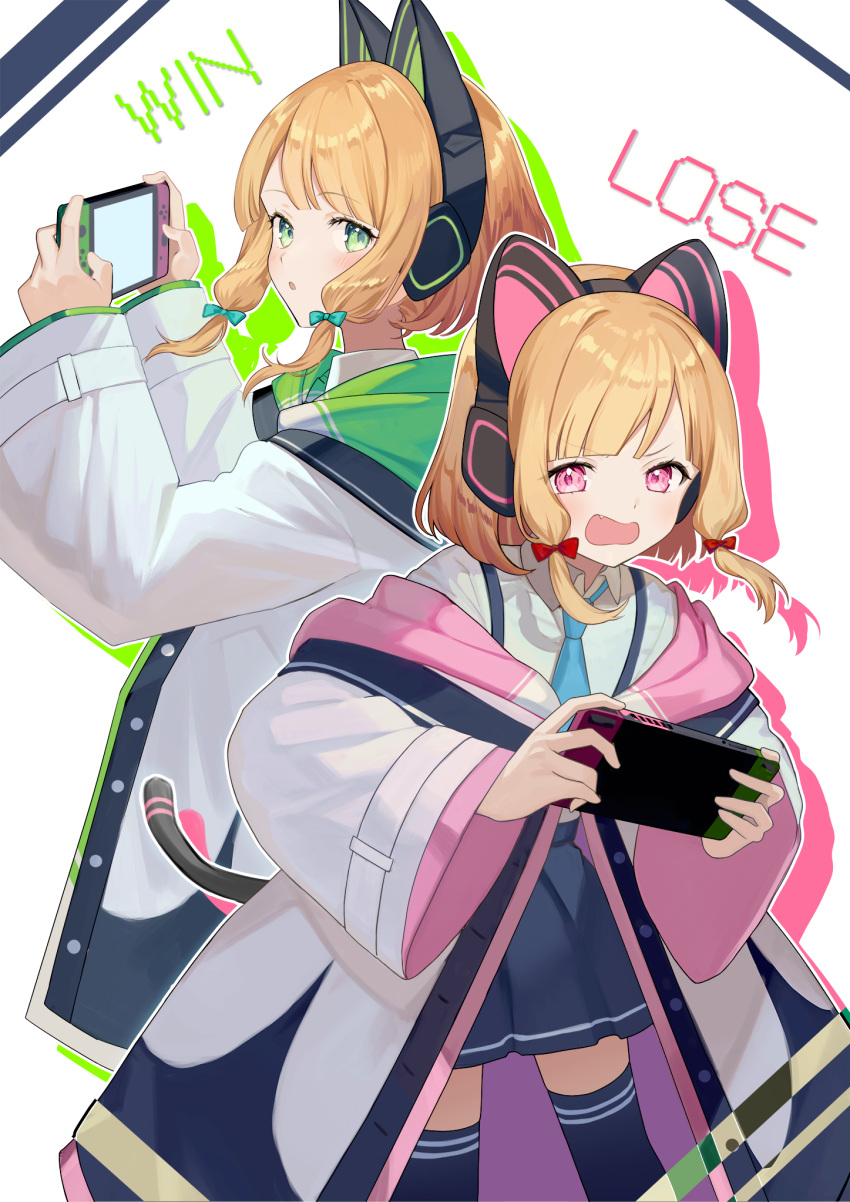 2girls animal_ear_headphones animal_ears black_skirt black_thighhighs blonde_hair blue_archive blue_necktie blush bow cat_ear_headphones commentary commentary_request fake_animal_ears fake_tail fang green_eyes hair_bow handheld_game_console headphones highres holding holding_handheld_game_console jacket long_sleeves looking_at_viewer low-tied_sidelocks midori_(blue_archive) momoi_(blue_archive) multiple_girls necktie nintendo_switch open_mouth pink_eyes segawa_luna shirt short_hair siblings sisters skirt tail thigh-highs twins white_jacket white_shirt