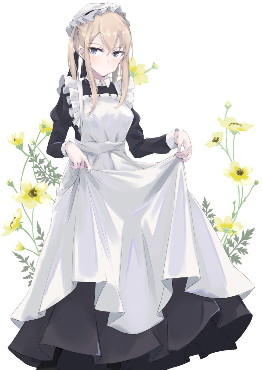 1girl alakoala alternate_costume apron black_dress blonde_hair blush closed_mouth dress enmaided feet_out_of_frame flower frilled_apron frills graf_zeppelin_(kancolle) hair_between_eyes hat highres juliet_sleeves kantai_collection long_hair long_sleeves maid maid_apron mob_cap puffy_sleeves simple_background solo twintails violet_eyes white_apron white_background white_headwear yellow_flower