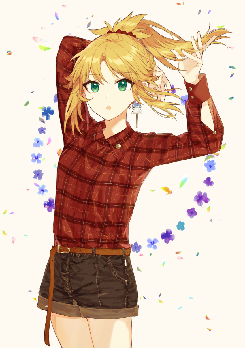 1girl absurdres alternate_costume blonde_hair denim denim_shorts earrings fate_(series) flannel flower green_eyes hair_ribbon hand_up highres jewelry mordred_(fate) open_mouth ponytail red_shirt ribbon rizu033 shirt shorts simple_background solo white_background