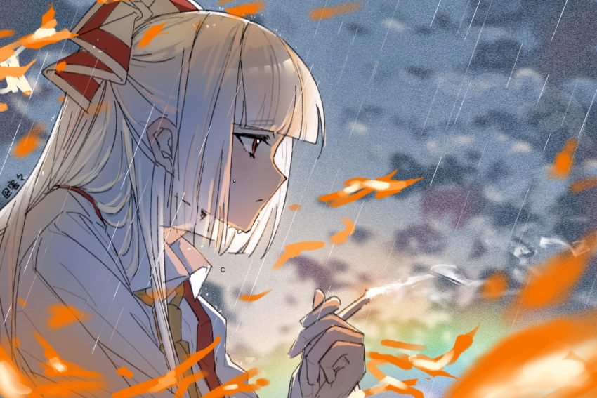 1girl :/ artist_name blunt_bangs bow chinese_commentary cigarette closed_mouth clouds commentary_request fire from_side fujiwara_no_mokou haihaihaiovo hair_bow holding holding_cigarette light_blush long_hair necktie outdoors ponytail profile rain red_bow red_eyes shirt smoke smoking solo touhou two-tone_bow upper_body water_drop white_bow white_hair white_shirt yellow_necktie