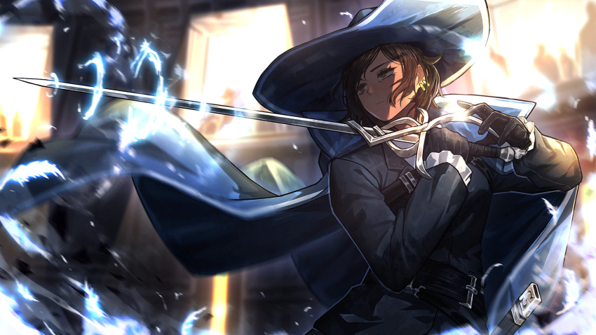 1girl 6+others black_gloves black_jacket blue_cape blue_headwear brown_eyes brown_hair cape cavalier_hat closed_mouth ear_piercing game_cg gloves highres holding holding_sword holding_weapon jacket limbus_company long_sleeves multiple_others nai_ga official_art outis_(project_moon) piercing project_moon rapier sidelocks solo_focus standing sword weapon