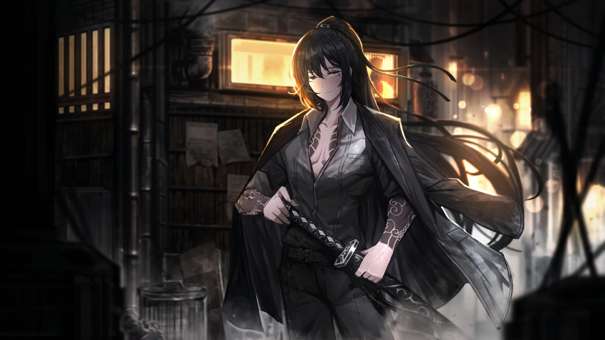 1boy arm_tattoo black_eyes black_jacket black_pants black_shirt blue_eyes chest_tattoo closed_mouth collared_shirt game_cg heterochromia highres holding holding_sword holding_weapon hong_lu_(project_moon) jacket jacket_on_shoulders light_smile limbus_company looking_at_viewer male_focus nai_ga official_art open_clothes open_jacket outdoors pants partially_unbuttoned project_moon scar scar_across_eye shirt sidelocks solo standing sword tattoo trash_can weapon wing_collar