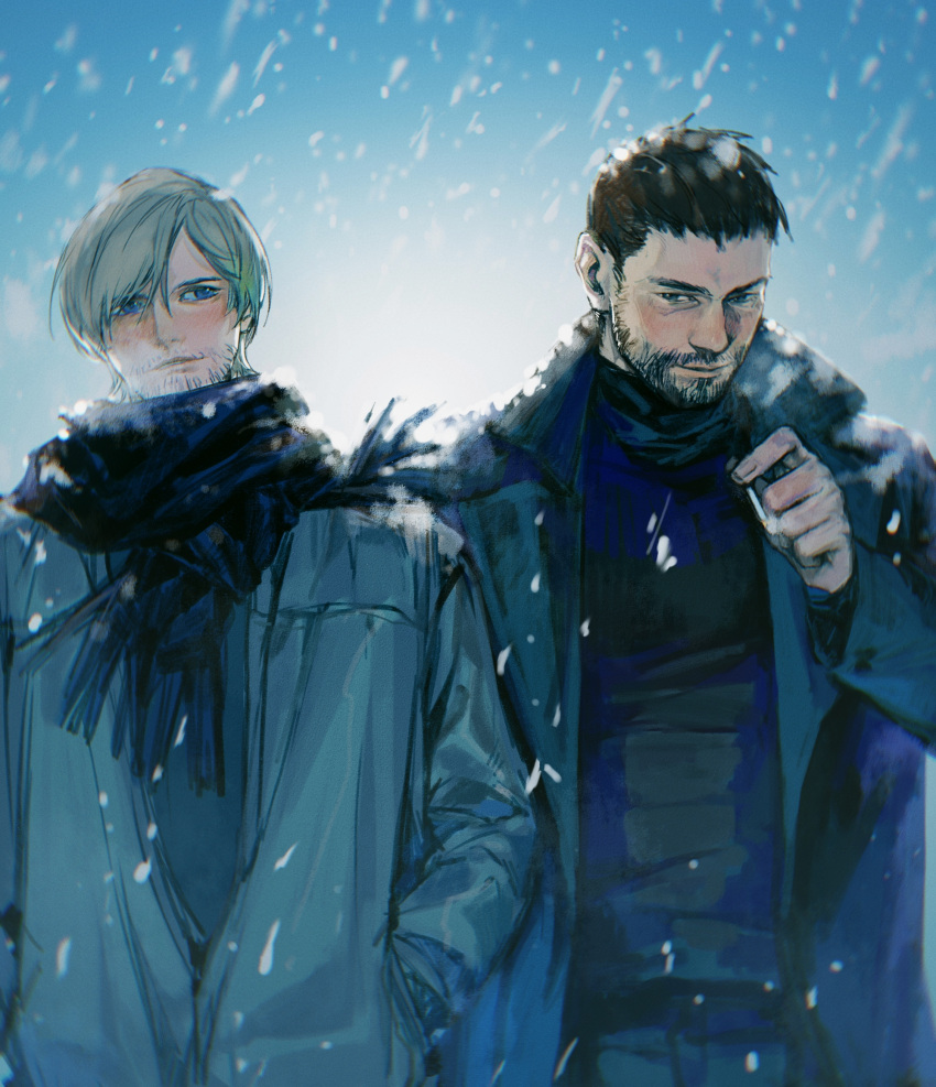 2boys black_coat black_hair black_jacket black_scarf black_shirt brown_hair chris_redfield cigarette coat day facial_hair hands_in_pockets highres holding holding_cigarette jacket jianghesongmu leon_s._kennedy looking_at_another male_focus multiple_boys outdoors resident_evil resident_evil_6 scarf shirt short_hair smile snowing upper_body