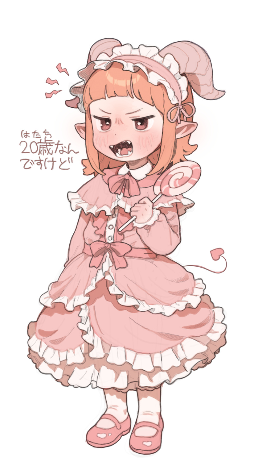 1girl angry bow bowtie candy capelet character_request child demon_girl demon_horns demon_tail dress fangs food frilled_dress frilled_sleeves frills hairband highres holding holding_candy holding_food horns layered_dress lolita_fashion lolita_hairband lollipop long_sleeves open_mouth opossumachine orange_hair pink_bow pink_bowtie pink_capelet pink_dress pink_footwear pointy_ears red_eyes short_hair simple_background solo swirl_lollipop tail translation_request white_background