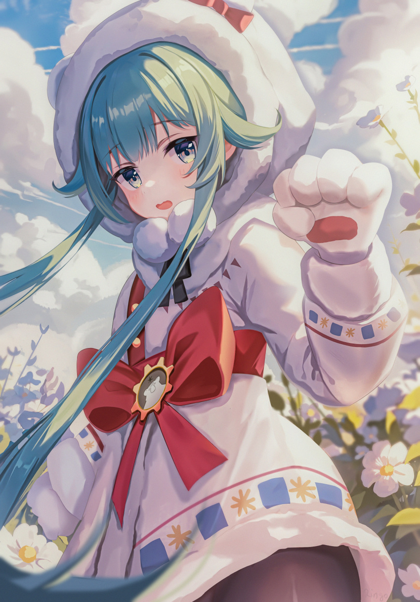 1girl absurdres animal_ear_hood black_pantyhose blue_archive blush bow chinese_commentary coat commentary_request flower fur-trimmed_coat fur-trimmed_hood fur_trim gloves green_hair highres hood hood_up kinoshita_ringo_(ryve5758) long_sleeves looking_at_viewer momiji_(blue_archive) open_mouth pantyhose pom_pom_(clothes) red_bow sidelocks solo white_coat white_gloves winter_clothes