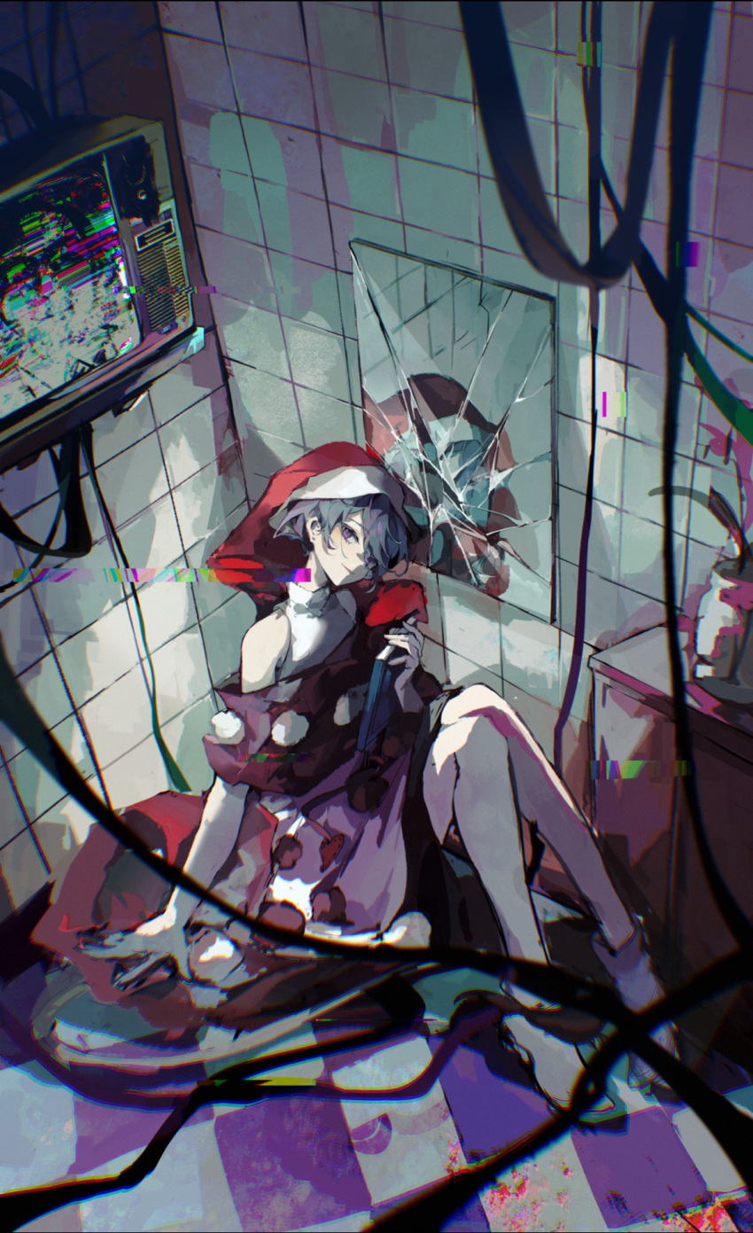 1girl arm_support black_dress blue_eyes blue_hair book broken_mirror cable checkered_floor closed_mouth doremy_sweet dress full_body hat head_tilt highres holding holding_book kuchiguchi_juko looking_at_viewer mirror monitor nightcap pom_pom_(clothes) red_headwear shirt short_hair sleeveless sleeveless_shirt smile socks solo touhou two-tone_dress vase white_dress white_shirt white_socks