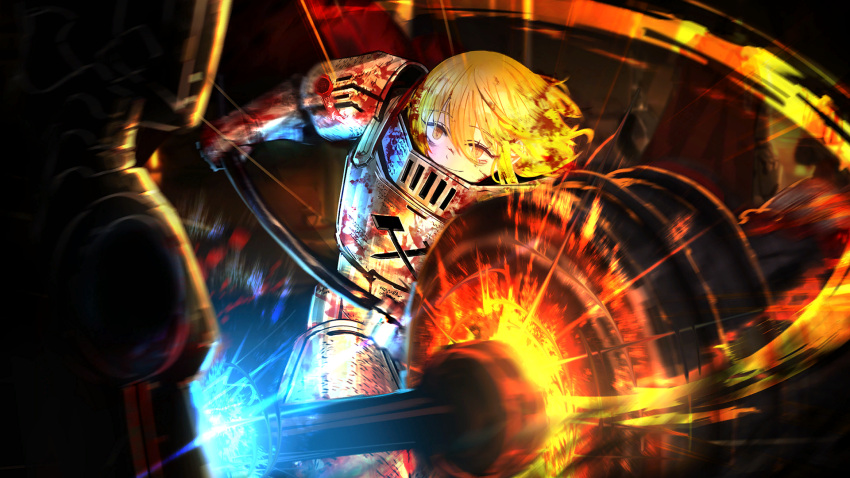 1girl 1other armor blonde_hair blood blood_in_hair blood_on_clothes blood_on_face bob_cut don_quixote_(project_moon) game_cg hair_between_eyes hammer highres limbus_company nai_ga nail official_art project_moon short_hair solo_focus wax_seal yellow_eyes