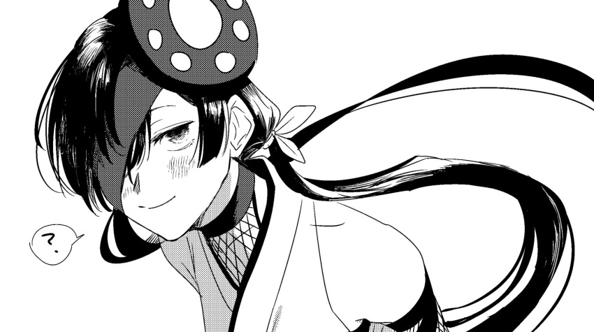 1girl ? arms_behind_back blush closed_mouth eyepatch fate/grand_order fate_(series) fishnets greyscale hair_ribbon japanese_clothes kimono looking_at_viewer low_twintails mochizuki_chiyome_(fate) monochrome noz_2to portrait ribbon simple_background sleeveless sleeveless_kimono smile solo spoken_question_mark twintails