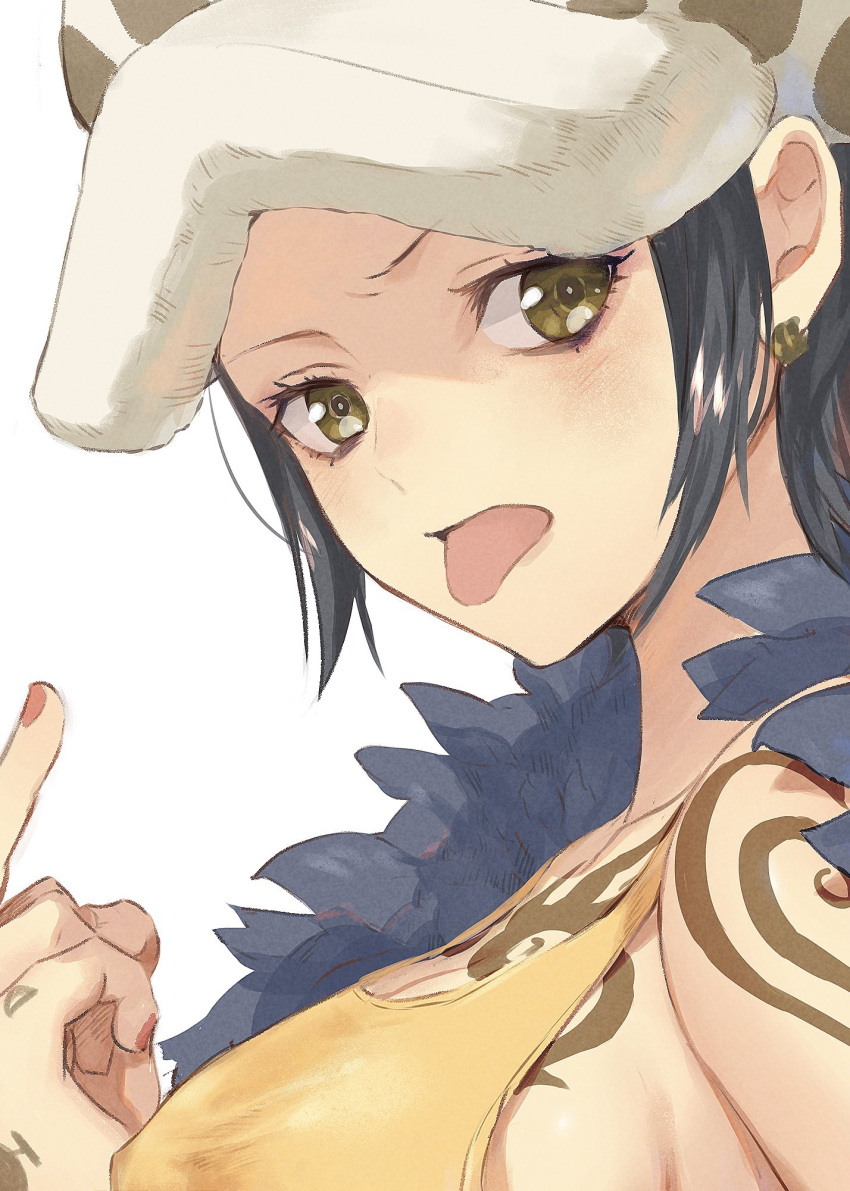 1girl arm_tattoo black_hair chest_tattoo close-up coat earrings fur_coat genderswap genderswap_(mtf) hand_tattoo hat highres jewelry looking_at_viewer middle_finger one_piece potechi_norisio red_nails sidelocks simple_background solo tank_top tattoo trafalgar_law white_background yellow_tank_top