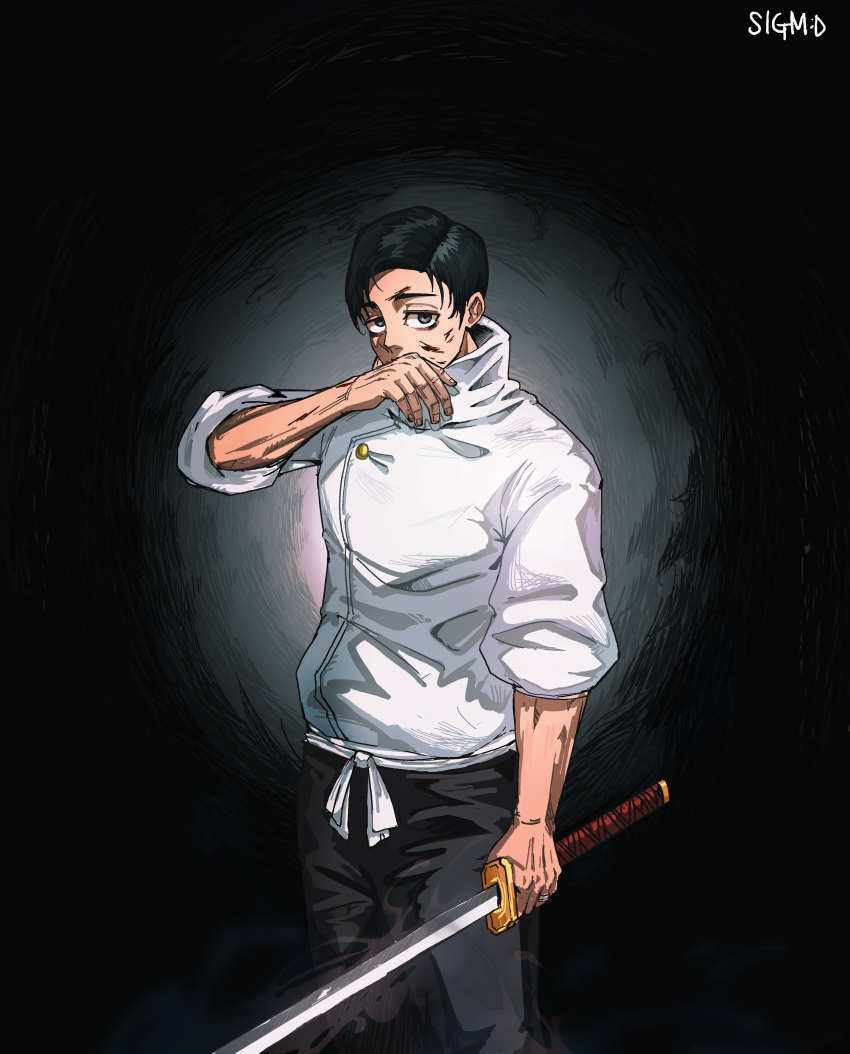 1boy absurdres black_hair blood blood_on_face covering_own_mouth grey_eyes highres holding holding_sword holding_weapon jewelry jujutsu_kaisen junho katana looking_at_viewer okkotsu_yuuta ring shirt solo sword upper_body weapon wedding_ring white_shirt