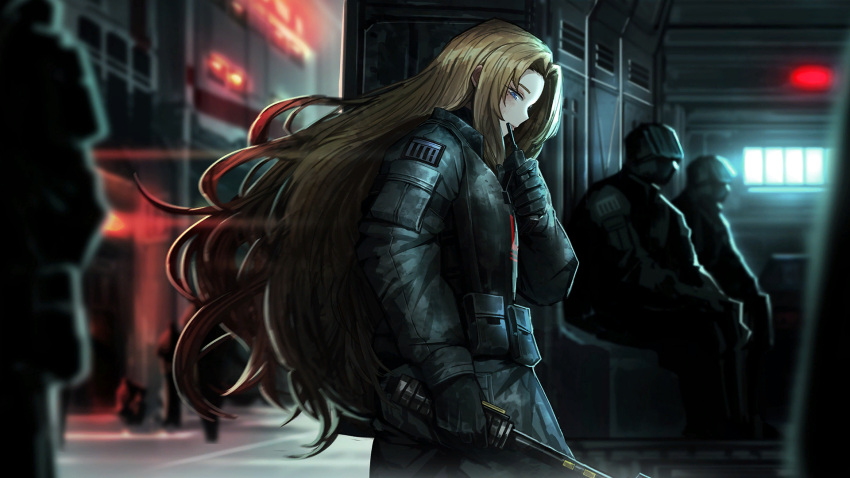 1girl 3others black_gloves black_pants black_shirt black_vest blue_eyes brown_hair game_cg gloves highres holding holding_walkie-talkie holding_weapon limbus_company long_hair mole mole_under_eye multiple_others nai_ga official_art outdoors pants project_moon rodion_(project_moon) shirt sidelocks sitting standing vest walkie-talkie weapon