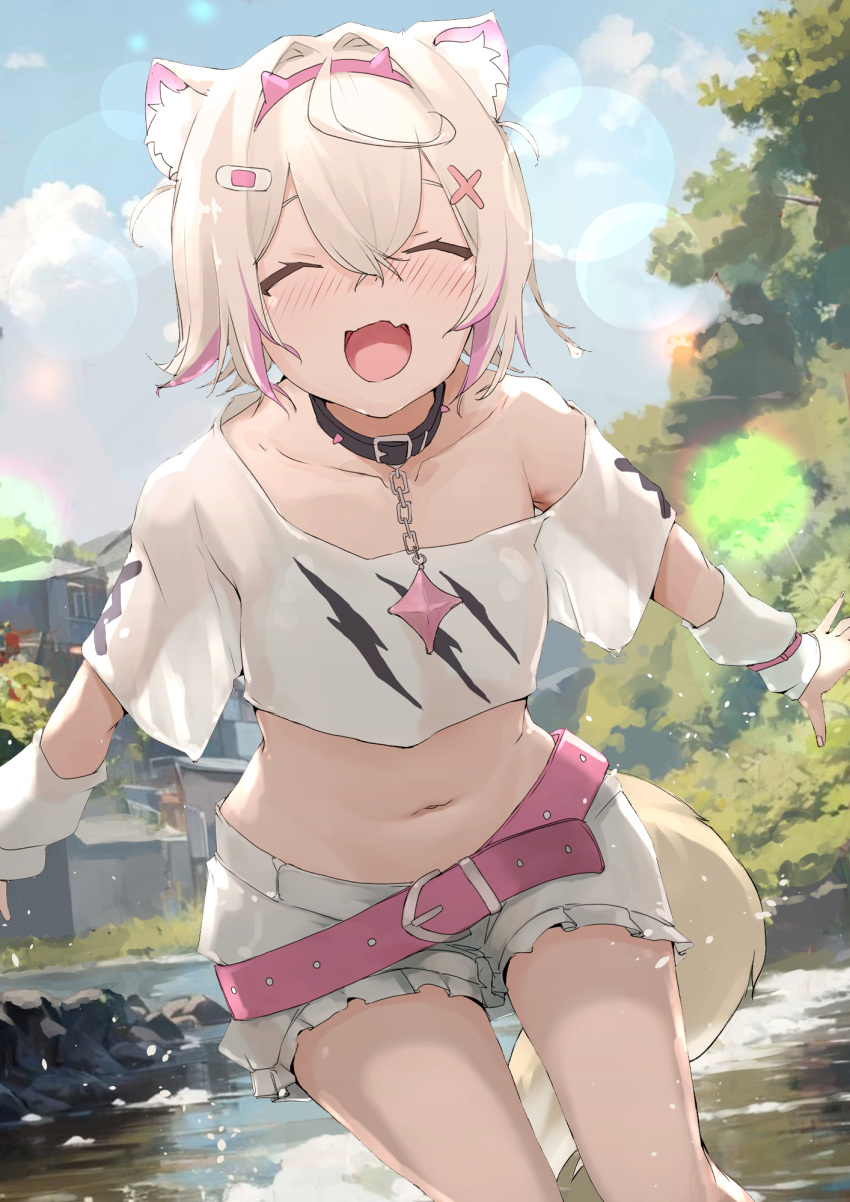 1girl animal_ear_fluff animal_ears bandaid bandaid_hair_ornament belt belt_collar black_collar blonde_hair blush closed_eyes collar colored_inner_animal_ears cropped_shirt dog_ears dog_girl dog_tail fang frilled_shorts frills hair_ornament hairband headband highres hololive hololive_english mitsuru_(pixiv_34028718) mococo_abyssgard multicolored_hair navel open_mouth outdoors pink_belt pink_brooch pink_hair pink_hairband pink_headband shorts skin_fang solo streaked_hair tail virtual_youtuber x_hair_ornament