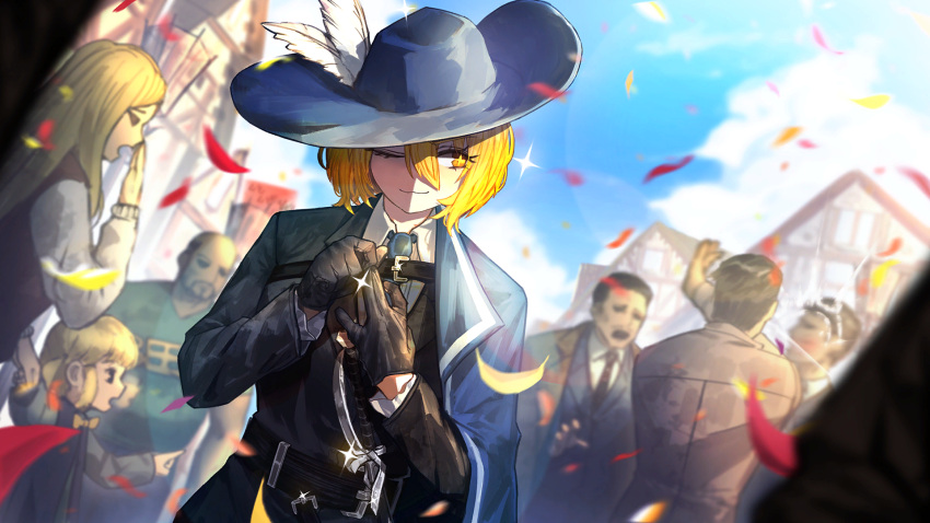 +_+ 1girl 6+others :3 belt black_gloves black_vest blonde_hair blue_headwear blue_necktie bob_cut cavalier_hat collared_shirt don_quixote_(project_moon) fighting game_cg gloves hair_between_eyes highres limbus_company multiple_others nai_ga necktie official_art one_eye_closed plume project_moon rapier sheath sheathed shirt slapping solo_focus sword town vest weapon white_shirt yellow_eyes