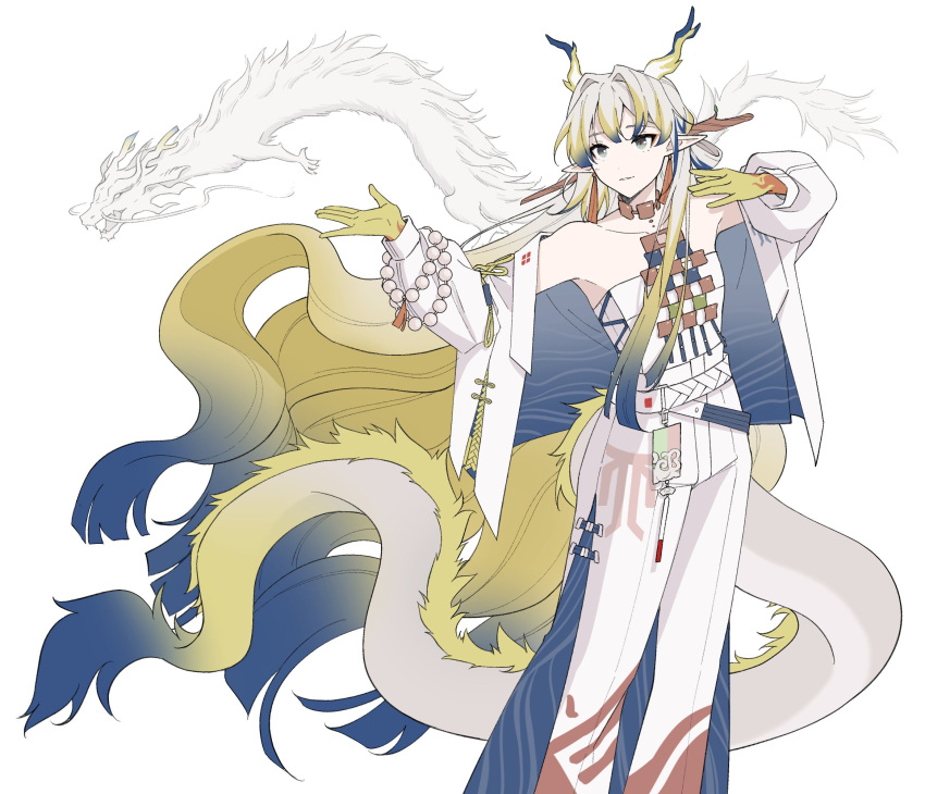1girl arknights avi_(baltika_seven) bare_shoulders bead_bracelet beads blue_hair bracelet branch collarbone colored_skin dragon dragon_girl dragon_horns dragon_tail earrings eastern_dragon eyeliner feet_out_of_frame green_hair grey_eyes hair_between_eyes hair_intakes hair_ornament hair_stick hands_up highres horns jacket jewelry long_sleeves looking_at_viewer makeup multicolored_hair necklace off_shoulder open_clothes open_jacket outstretched_arm pants parted_lips pointy_ears red_eyeliner red_pupils shirt shu_(arknights) sidelocks simple_background smile solo strapless strapless_shirt streaked_hair tail tassel tassel_earrings white_background white_hair white_jacket white_pants white_shirt