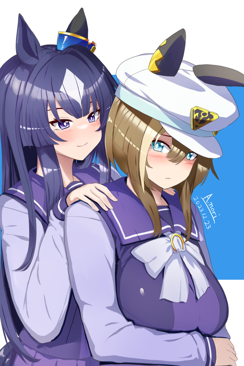 2girls a.nori absurdres animal_ears artist_name blue_eyes blush breasts cabbie_hat cheval_grand_(umamusume) closed_mouth commentary_request dated embarrassed hair_between_eyes hair_ornament hat highres large_breasts long_hair medium_hair mole mole_under_eye multiple_girls siblings sisters smile umamusume uniform verxina_(umamusume) violet_eyes