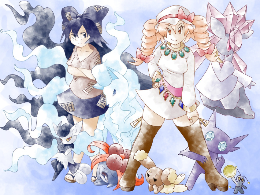 2girls alolan_ninetales blue_background blue_bow blue_eyes blue_skirt bow brown_footwear buneary character_request closed_mouth collarbone commentary crossover debt diancie dress drill_hair english_commentary full_body gloom_(pokemon) greatmothsucks hair_bow hand_on_own_hip highres multiple_girls ninetales official_alternate_costume orange_eyes orange_hair pokemon pokemon_(creature) sableye siblings sisters skirt sugimori_ken_(style) sunken_fossil_world touhou twin_drills white_dress yorigami_jo'on yorigami_shion