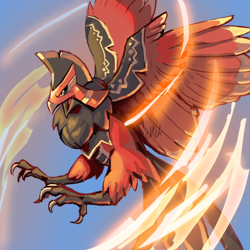 animal_focus beak bird bird_tail bird_wings black_feathers claws commentary eltehh english_commentary faleris feathers fire highres no_humans pal_(creature) palworld pyrokinesis red_feathers signature tail wings yellow_eyes
