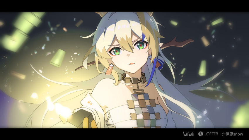 1girl :&lt; arknights artist_name bare_shoulders bilibili blonde_hair blue_hair branch collarbone earrings eyeliner floating glowing green_eyes grey_hair hair_between_eyes hair_ornament hair_stick head_tilt highres holding holding_sword holding_weapon jacket jewelry letterboxed lofter_logo looking_at_viewer makeup multicolored_hair necklace off_shoulder open_clothes open_jacket outstretched_arm parted_lips red_eyeliner red_pupils shirt shu_(arknights) sidelocks sky solo strapless strapless_shirt streaked_hair sword tassel tassel_earrings upper_body v-shaped_eyebrows weapon white_jacket white_shirt yiensnow