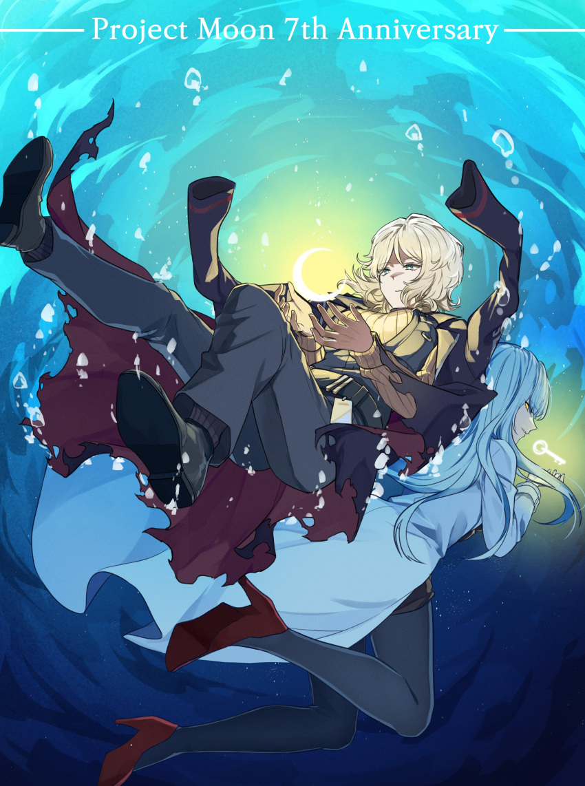 2girls absurdres angela_(project_moon) black_coat blue_eyes blue_hair coat crescent english_text faust_(project_moon) full_body high_heels highres key library_of_ruina limbus_company long_hair multiple_girls project_moon rmenssari short_hair underwater white_coat yellow_eyes