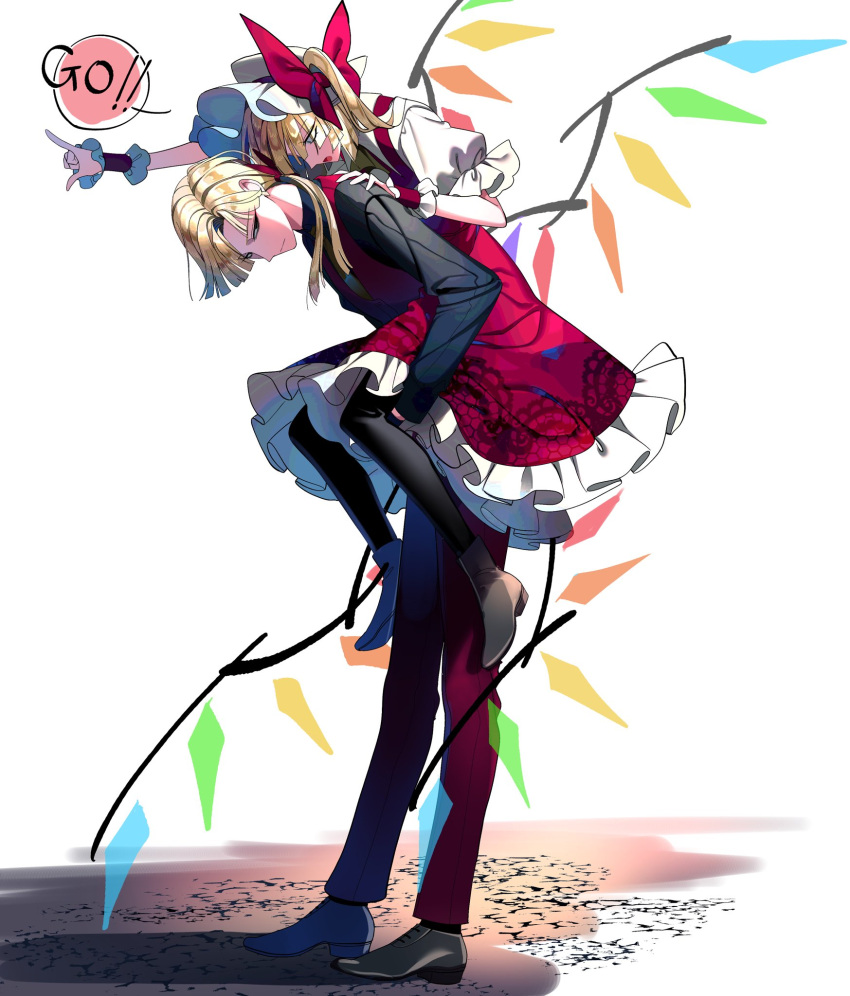 1boy 1girl blonde_hair carrying closed_mouth english_text expressionless flandre_scarlet genderswap genderswap_(ftm) highres looking_at_another nubezon open_mouth piggyback pointing ponytail red_eyes shoes simple_background skirt speech_bubble suit touhou white_background wings