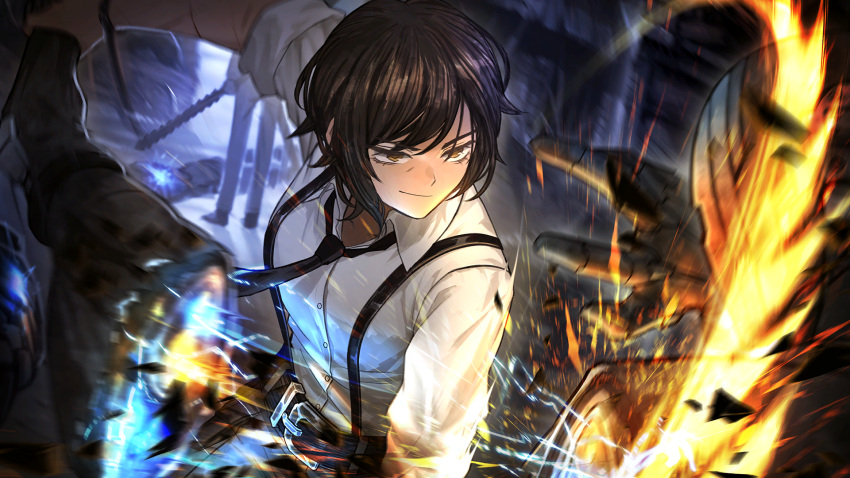 2girls 2others belt black_belt black_necktie black_pants brown_eyes brown_hair closed_mouth collared_shirt dress_shirt game_cg highres holding holding_weapon light_smile limbus_company multiple_girls multiple_others nai_ga necktie official_art outis_(project_moon) pants project_moon ryoshu_(project_moon) shirt short_hair solo_focus standing suspenders weapon white_shirt wing_collar