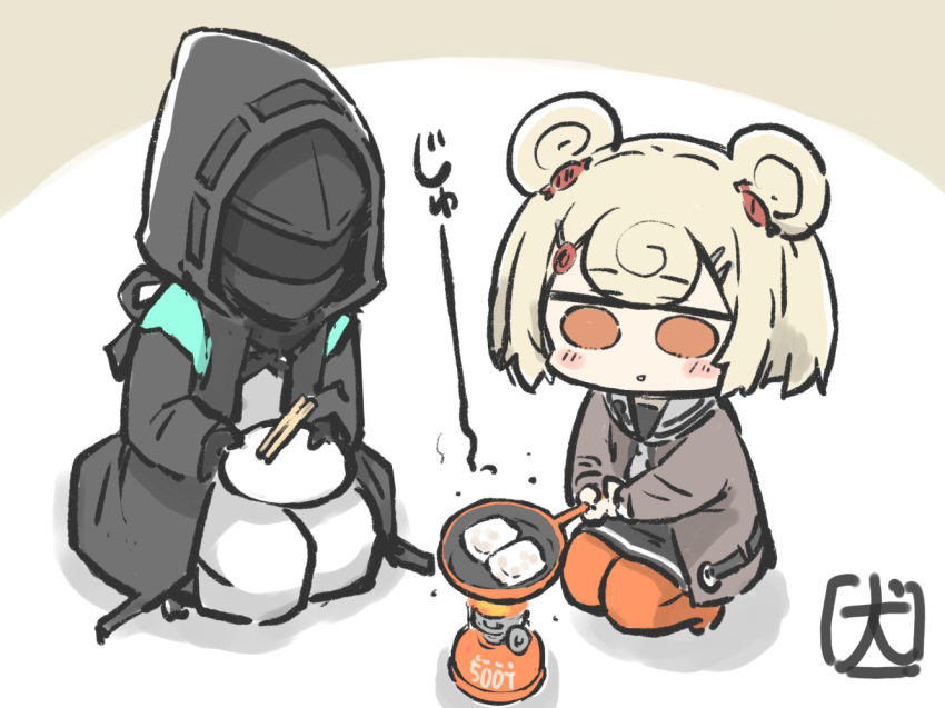 1girl 1other akanotanin13 ambiguous_gender animal_ears arknights bear_ears bear_girl black_coat blonde_hair chopsticks coat commentary_request cooking doctor_(arknights) grilling gummy_(arknights) holding holding_plate hood hood_up hooded_coat long_sleeves mask orange_eyes plate seiza short_hair sitting