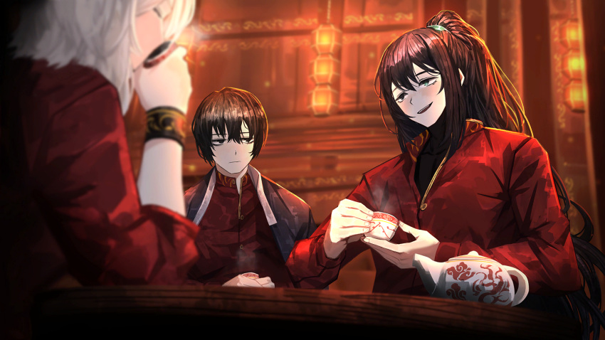 1girl 2boys black_eyes black_hair black_shirt blue_eyes closed_eyes closed_mouth cup faust_(project_moon) game_cg heterochromia highres holding holding_cup hong_lu_(project_moon) indoors jacket limbus_company long_hair long_sleeves multiple_boys nai_ga official_art open_mouth ponytail project_moon red_jacket shirt short_hair sidelocks sitting teacup teapot teeth upper_teeth_only very_long_hair white_hair yi_sang_(project_moon)