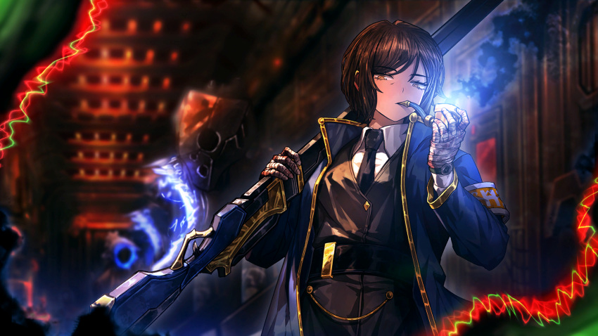 1girl armband bandaged_hand bandages belt black_belt black_necktie black_pants black_vest blue_coat brown_hair coat collared_shirt e.g.o_(project_moon) game_cg gun highres holding holding_gun holding_weapon indoors limbus_company lobotomy_corporation long_sleeves looking_at_viewer nai_ga necktie official_art orange_eyes outis_(project_moon) pants project_moon rifle shirt short_hair smoke smoking_pipe solo standing vest watch watch weapon white_shirt wing_collar
