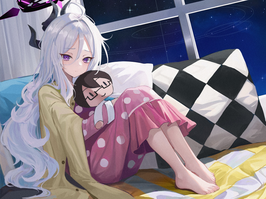 1girl absurdres astelia barefoot black_halo black_horns blue_archive character_doll closed_mouth commentary hair_between_eyes halo highres hina_(blue_archive) hina_(pajamas)_(blue_archive) horns long_hair long_sleeves looking_at_viewer pajamas pillow pink_pajamas polka_dot polka_dot_pajamas sitting solo toenails toes violet_eyes white_hair window