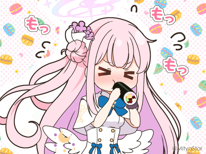 &gt;_&lt; 1girl blue_archive blue_bow blush bow breasts cake capelet chibi closed_eyes closed_mouth dress eating facing_viewer feathered_wings flower flying_sweatdrops food food-themed_background hair_bun hair_flower hair_ornament halo holding holding_food long_hair low_wings medium_breasts mika_(blue_archive) mitya nose_blush outline pink_hair polka_dot polka_dot_background purple_flower single_side_bun solo swiss_roll twitter_username upper_body v-shaped_eyebrows very_long_hair white_background white_capelet white_dress white_outline white_wings wings