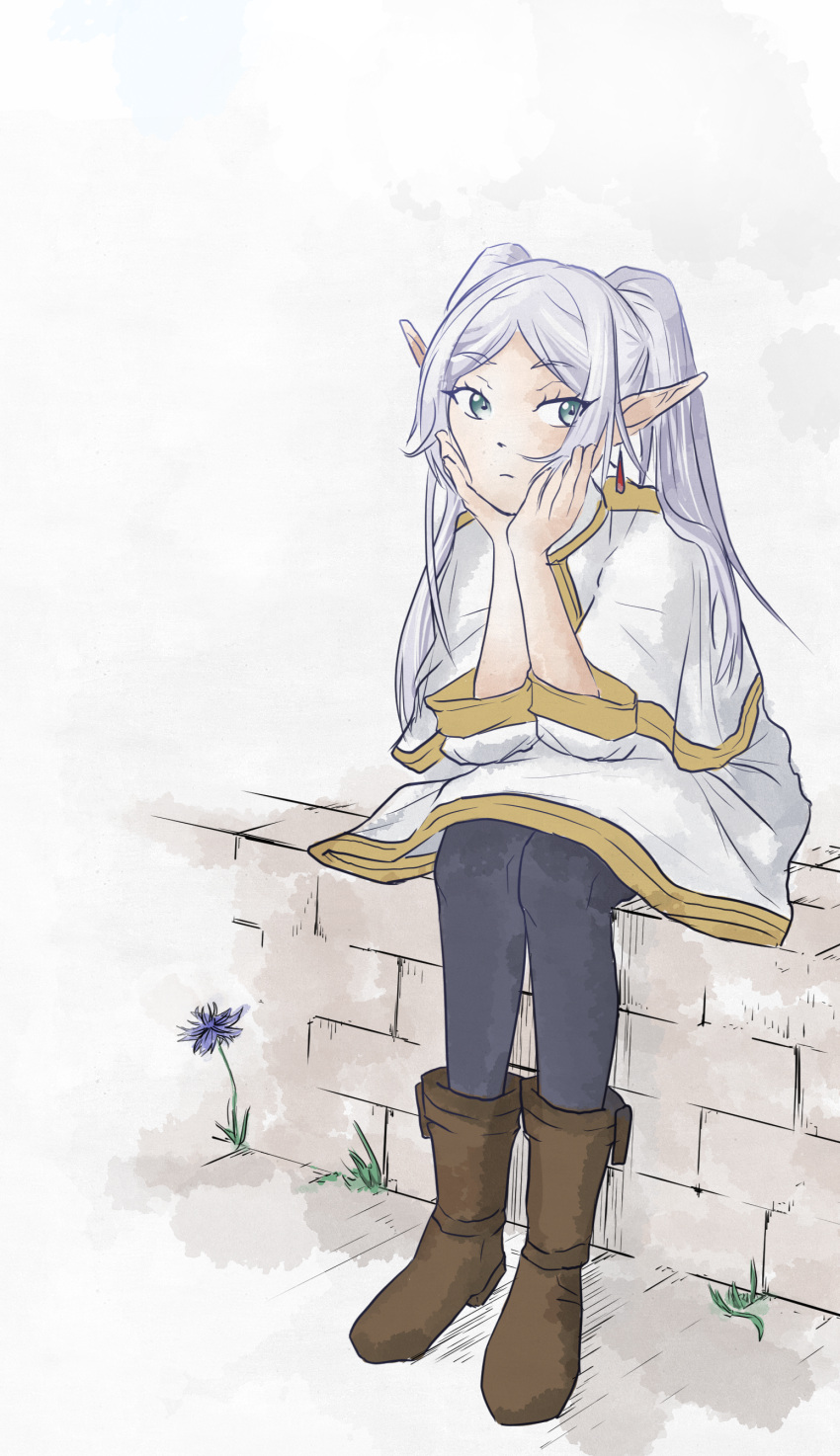 1girl boots dress drop_earrings elf flower frieren green_eyes long_sleeves parted_bangs simple_background sitting solo_focus twintails waiting white_dress white_hair