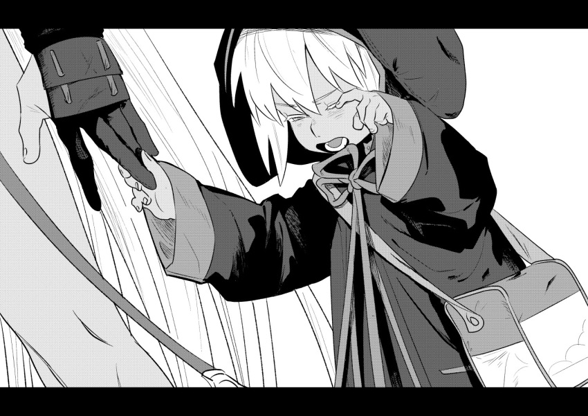 2girls bag dark-skinned_female dark_skin dutch_angle fate/grand_order fate_(series) greyscale hands_up holding_another's_finger hood hood_up hooded_jacket jacket letterboxed long_sleeves monochrome multiple_girls noz_2to okita_souji_(fate) okita_souji_alter_(fate) open_mouth rengoku_(fate) short_hair shoulder_bag simple_background solo_focus upper_body yawning