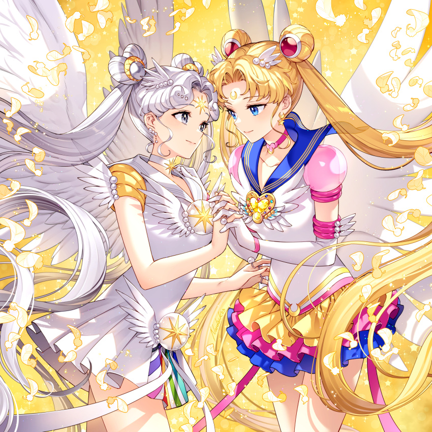 2girls bishoujo_senshi_sailor_moon blonde_hair blue_eyes blue_sailor_collar brooch closed_mouth collarbone commentary crescent crescent_earrings crescent_facial_mark double_bun dress earrings elbow_gloves eternal_sailor_moon facial_mark feathered_wings feathers forehead_mark frilled_dress frills gloves grey_choker grey_eyes grey_hair hair_bun hair_ornament heart heart_brooch heart_hair_bun heart_o-ring heart_ring_choker highres holding_hands interlocked_fingers jewelry long_hair looking_at_another magical_girl multiple_girls multiple_rings nardack parted_bangs pleated_dress ring sailor_collar sailor_cosmos sailor_moon sailor_senshi_uniform sidelocks standing star_(symbol) star_earrings star_facial_mark tsukino_usagi twintails very_long_hair white_dress white_gloves wings