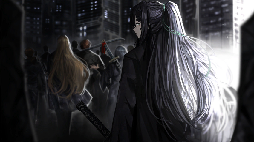 1boy 2girls 6+others black_hair black_jacket blue_eyes closed_mouth from_behind game_cg highres holding holding_sword holding_weapon hong_lu_(project_moon) jacket katana limbus_company long_hair looking_at_viewer looking_back multiple_girls multiple_others nai_ga official_art outdoors ponytail project_moon rodion_(project_moon) ryoshu_(project_moon) scar scar_across_eye sheath sheathed solo_focus standing sword weapon