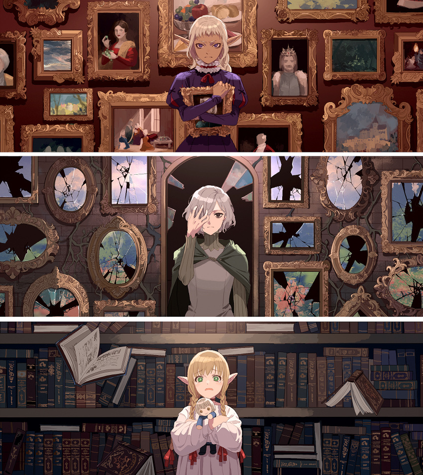 3girls blonde_hair blush book bookshelf braid broken_mirror cape character_request crown dark-skinned_female dark_skin doll dress dungeon_meshi frown green_cape green_eyes grey_eyes hair_over_one_eye highres holding holding_doll holding_painting long_sleeves looking_at_viewer mirror multiple_girls okazaki_oka painting_(object) pointy_ears purple_dress stuffed_toy tearing_up upper_body violet_eyes white_hair