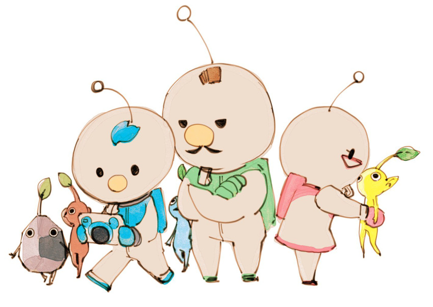 1girl 2boys 2donemuru alph_(pikmin) arms_behind_head backpack bag big_nose black_eyes black_skin blue_bag blue_gloves blue_hair blue_pikmin blue_skin brittany_(pikmin) charlie_(pikmin) colored_skin commentary_request creature crossed_arms facial_hair from_side full_body glasses gloves green_bag green_gloves helmet holding holding_creature holding_tablet_pc koppad leaf looking_at_another looking_at_object miniskirt multiple_boys mustache no_mouth pikmin_(creature) pikmin_(series) pikmin_3 pink_bag pink_gloves pointy_ears pointy_nose radio_antenna red-framed_eyewear red_pikmin red_skin rock rock_pikmin short_hair simple_background skirt solid_oval_eyes space_helmet spacesuit tablet_pc triangle_mouth triangular_eyewear very_short_hair walking whistle white_background yellow_pikmin yellow_skin