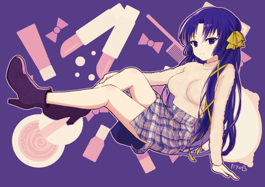 1girl alternate_costume arm_support bare_legs black_footwear black_hair blunt_ends boots bow closed_mouth commentary eyelashes full_body hair_bow hair_ribbon impossible_clothes kinkooo333 knee_up kurugaya_yuiko little_busters! long_hair looking_at_viewer plaid plaid_skirt purple_background ribbon signature simple_background sitting skirt sleeves_past_wrists smile solo straight_hair sweater very_long_hair violet_eyes yellow_bow yellow_ribbon yellow_sweater