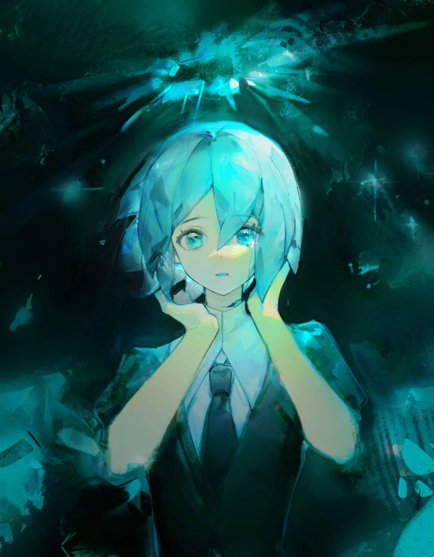 1other absurdres androgynous black_jacket black_necktie blue_eyes blue_hair blue_halo chinese_commentary collared_shirt commentary_request escapeeverytime expressionless glint glowing_halo green_background halo hands_up highres houseki_no_kuni jacket looking_at_viewer necktie other_focus parted_lips phosphophyllite shirt short_hair short_sleeves solo upper_body white_shirt