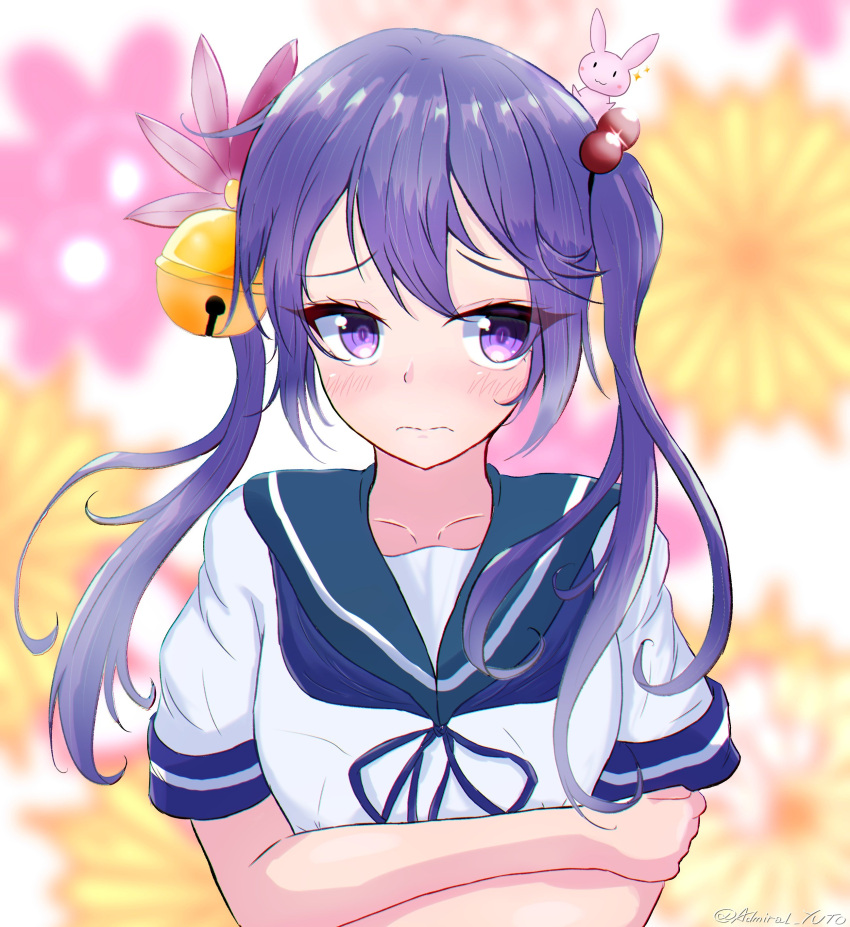 1girl absurdres akebono_(kancolle) alternate_hairstyle animal_on_head bell blue_sailor_collar blurry blurry_background crossed_arms embarrassed floral_background flower hair_bell hair_flower hair_ornament highres jingle_bell kantai_collection long_hair on_head purple_hair rabbit rabbit_on_head sailor_collar sailor_shirt school_uniform serafuku shirt solo twintails_day upper_body violet_eyes white_shirt yoko_hata