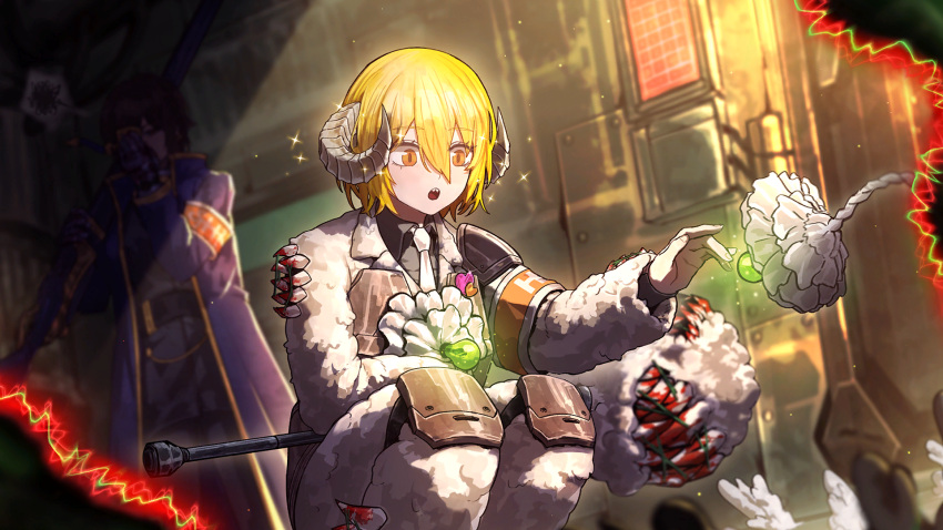 2girls armband armor bandaged_hand bandages belt blonde_hair blood blood_on_teeth blue_coat bob_cut brown_hair bulletproof_vest coat collared_shirt don_quixote_(project_moon) e.g.o_(project_moon) game_cg grey_shirt gun hammer highres horns knee_pads light_bulb limbus_company meat_lantern_(project_moon) multiple_girls nai_ga necktie official_art open_clothes open_coat outis_(project_moon) project_moon rifle sharp_teeth sheep_horns shirt short_hair shoulder_armor solo_focus teeth weapon yellow_eyes
