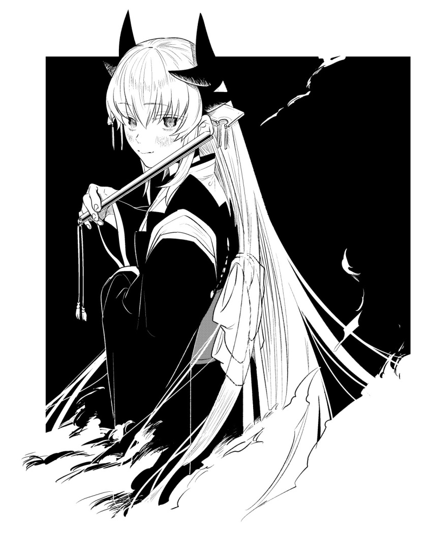1girl back_bow blush bow closed_mouth dragon_horns fate/grand_order fate_(series) folding_fan greyscale hand_fan highres holding holding_fan horns japanese_clothes kimono kiyohime_(fate) kiyohime_(third_ascension)_(fate) long_sleeves looking_at_viewer monochrome noz_2to obi sash simple_background smile smoke solo upper_body wide_sleeves