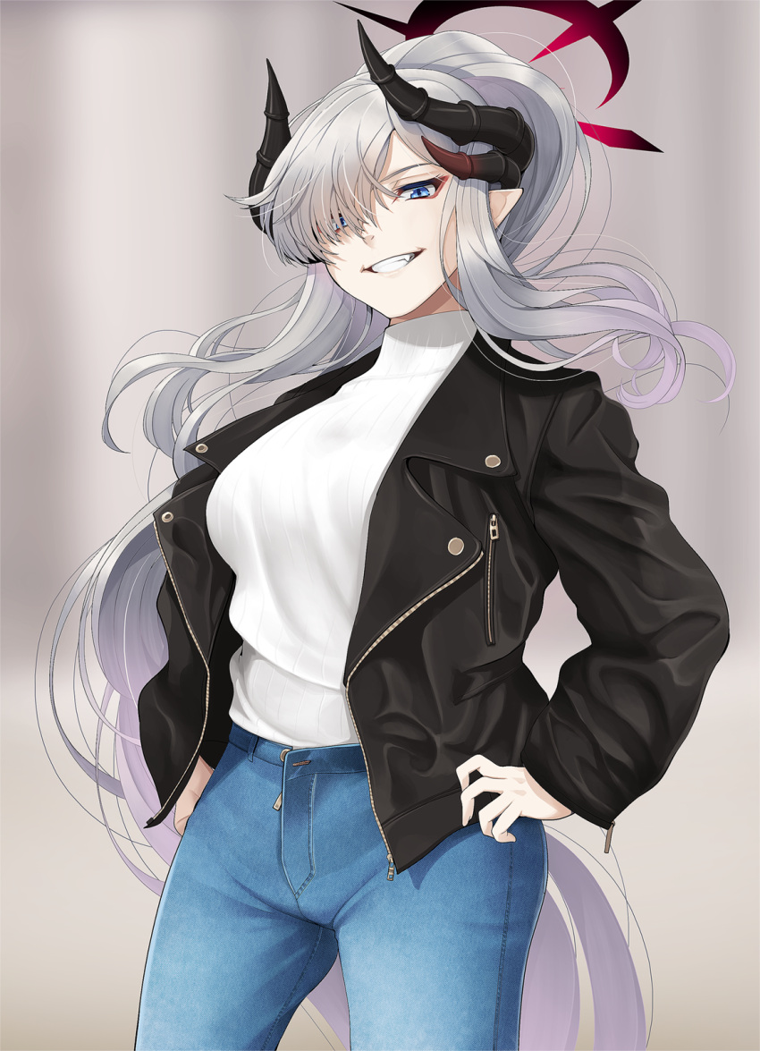 1girl black_horns black_jacket blue_archive blue_eyes blue_pants breasts cowboy_shot demon_horns denim grey_hair grin hair_over_one_eye halo highres horns jacket koflif large_breasts long_hair long_sleeves looking_at_viewer makoto_(blue_archive) multiple_horns open_clothes open_jacket pants pointy_ears red_halo smile solo sweater white_sweater