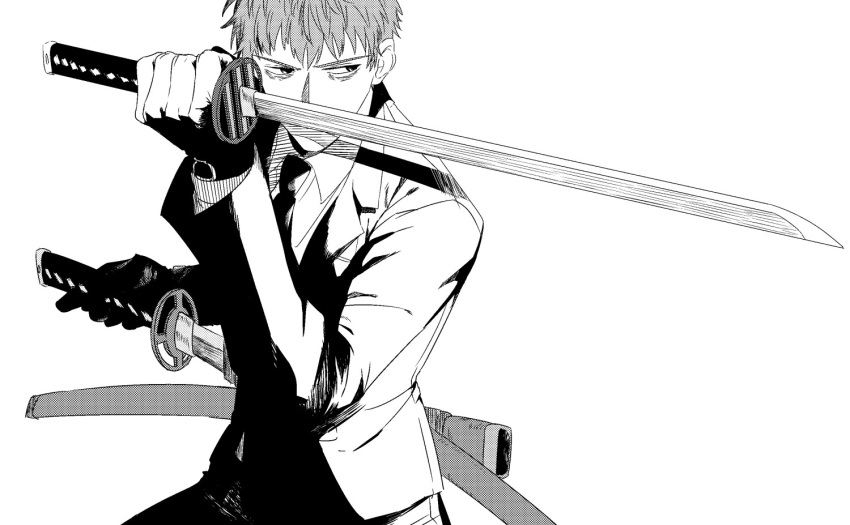 1boy bags_under_eyes collared_shirt dual_wielding fate/grand_order fate_(series) fighting_stance gloves holding holding_sword holding_weapon katana long_sleeves looking_to_the_side male_focus necktie noz_2to saitou_hajime_(fate) shadow shirt short_hair simple_background solo suit sword upper_body weapon
