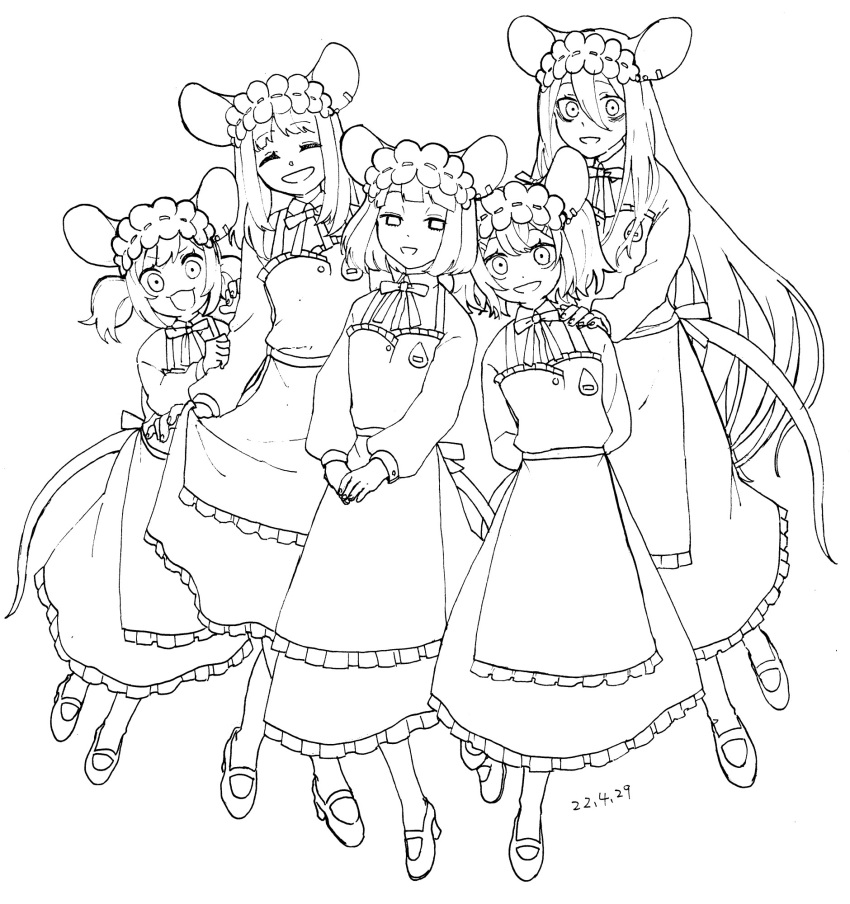 5girls :d animal_ears apron arms_behind_back closed_eyes clothes_grab collared_dress daikokuten_(fate) dated dress empty_eyes facing_viewer fate/grand_order fate_(series) full_body greyscale hair_between_eyes hairband hand_on_another's_shoulder highres lineart lolita_hairband long_hair looking_at_viewer mary_janes monochrome mouse_ears mouse_girl mouse_tail multiple_girls neck_ribbon noz_2to open_mouth ribbon shoes short_hair simple_background skirt_hold sleeve_grab smile tail twintails