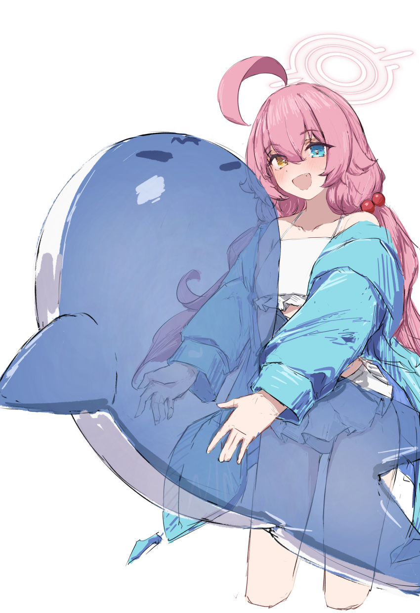 1girl absurdres ahoge bikini blue_archive blue_eyes blue_jacket commentary hair_bobbles hair_flaps hair_ornament halo heterochromia highres holding hoshino_(blue_archive) hoshino_(swimsuit)_(blue_archive) huge_ahoge inflatable_toy inflatable_whale jacket long_sleeves looking_at_viewer low_twintails official_alternate_costume official_alternate_hairstyle open_clothes open_jacket open_mouth pink_hair pink_halo simple_background smile solo swimsuit symbol-only_commentary tobildesu twintails white_background white_bikini yellow_eyes