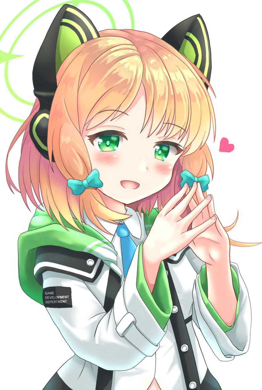 1girl :d animal_ear_headphones animal_ears blonde_hair blue_archive blue_bow blue_necktie blush bow collared_shirt dress_shirt fake_animal_ears green_eyes hair_bow halo hands_up headphones heart highres jacket long_sleeves midori_(blue_archive) necktie open_clothes open_jacket shirt sills simple_background smile solo steepled_fingers upper_body white_background white_jacket white_shirt wide_sleeves