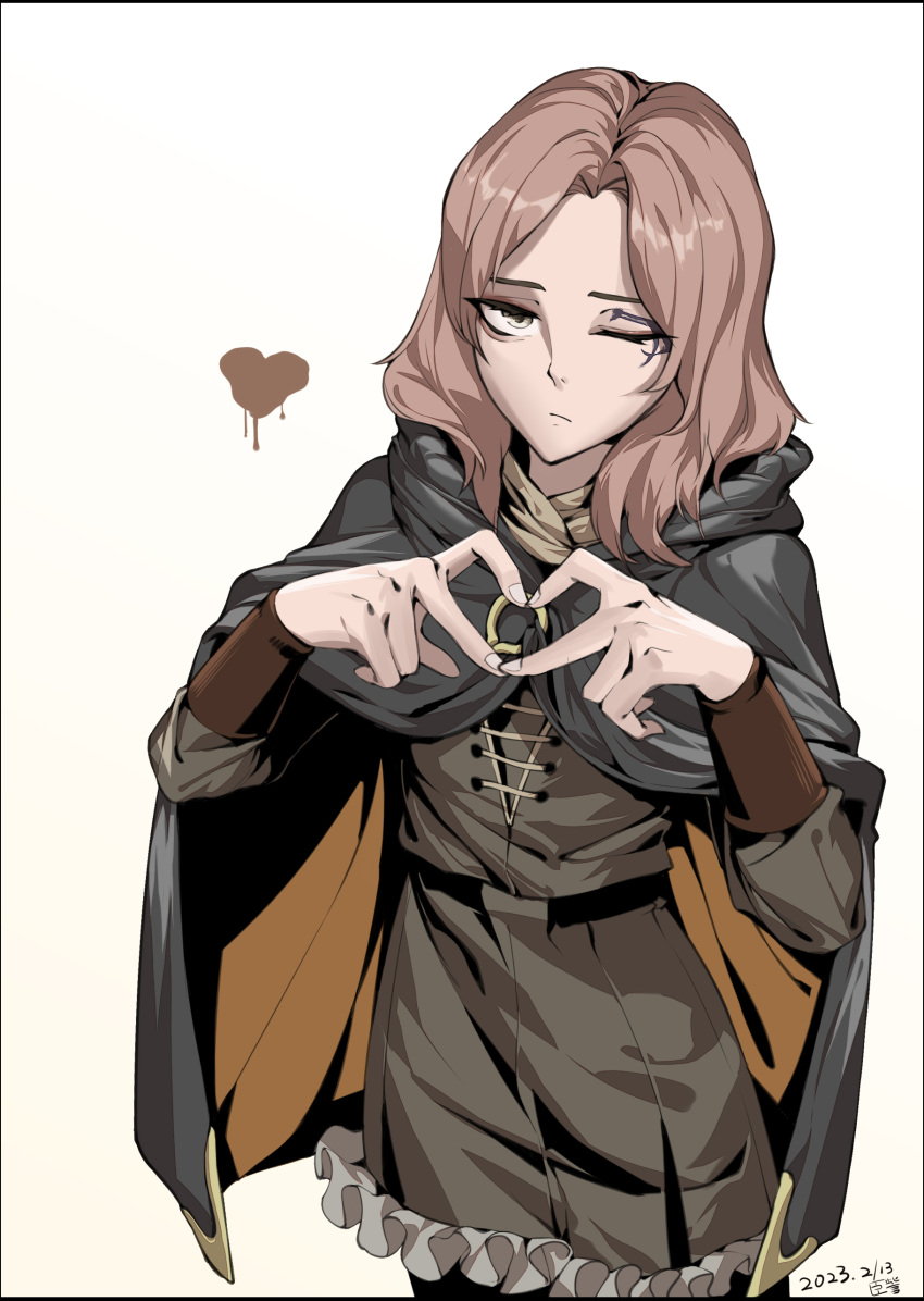 1girl absurdres brown_dress brown_hair chen_zi cloak dated dress elden_ring heart heart_hands highres hood hooded_cloak jewelry melina_(elden_ring) one_eye_closed ring simple_background white_background yellow_eyes