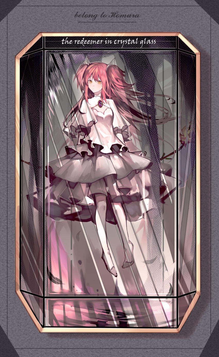 1girl absurdres bow chinese_commentary cleavage_cutout clothing_cutout commentary_request dress encasement english_text expressionless floating floating_hair full_body gem glass goddess_madoka grey_footwear hair_bow highres kaname_madoka layered_dress long_hair looking_at_viewer mahou_shoujo_madoka_magica mahou_shoujo_madoka_magica_(anime) pantyhose pingban_diandian_nao pink_hair purple_gemstone shoes solo two_side_up white_dress white_pantyhose yellow_eyes