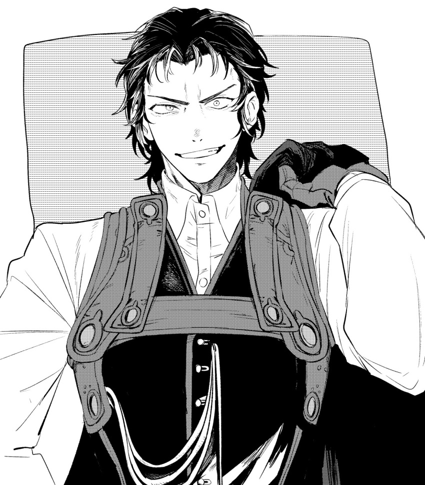 1boy collared_shirt fate_(series) gloves greyscale grin highres hijikata_toshizou_(fate) holding holding_clothes koha-ace long_sleeves looking_at_viewer male_focus monochrome noz_2to shirt short_hair smile solo upper_body vest