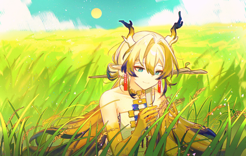1girl arknights as-zero bare_shoulders blonde_hair blue_eyes blue_hair blue_sky branch closed_mouth clouds collarbone colored_skin day dragon_girl dragon_horns eyeliner grey_hair hair_between_eyes hair_bun hair_intakes hair_ornament hair_stick highres holding holding_plant horizon horns jewelry long_hair looking_down makeup multicolored_hair necklace outdoors plant red_eyeliner red_pupils rice_(plant) rice_paddy shirt shu_(arknights) sidelocks sky smile solo strapless strapless_shirt streaked_hair sun upper_body white_shirt